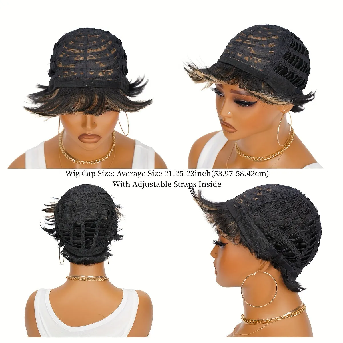 100% Density Short Straight Pixie Cut Ombre Black Brown Highlight Bob Wig with Bangs - Premium Rose Net Cap, Natural Looking, Soft to Touch, Basics Style for African Women