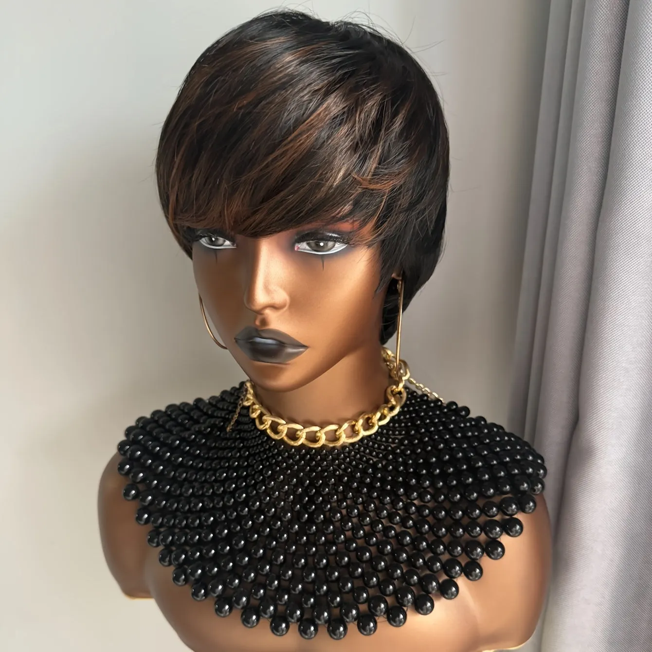 100% Density Short Straight Pixie Cut Ombre Black Brown Highlight Bob Wig with Bangs - Premium Rose Net Cap, Natural Looking, Soft to Touch, Basics Style for African Women