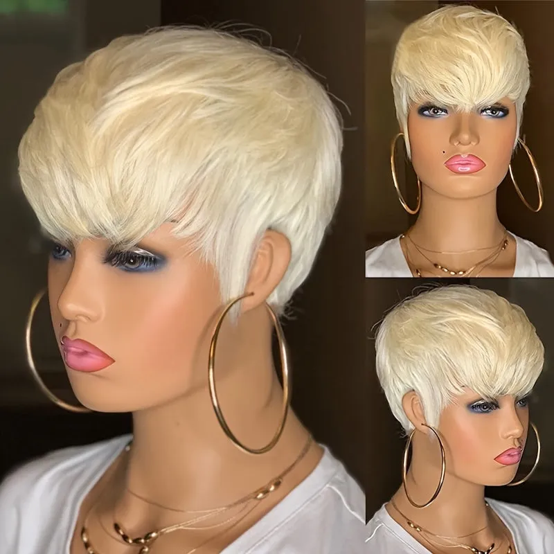100% Density Short Straight Pixie Cut Ombre Black Brown Highlight Bob Wig with Bangs - Premium Rose Net Cap, Natural Looking, Soft to Touch, Basics Style for African Women