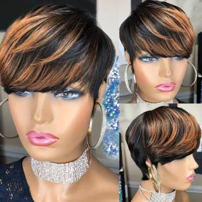 100% Density Short Straight Pixie Cut Ombre Black Brown Highlight Bob Wig with Bangs - Premium Rose Net Cap, Natural Looking, Soft to Touch, Basics Style for African Women