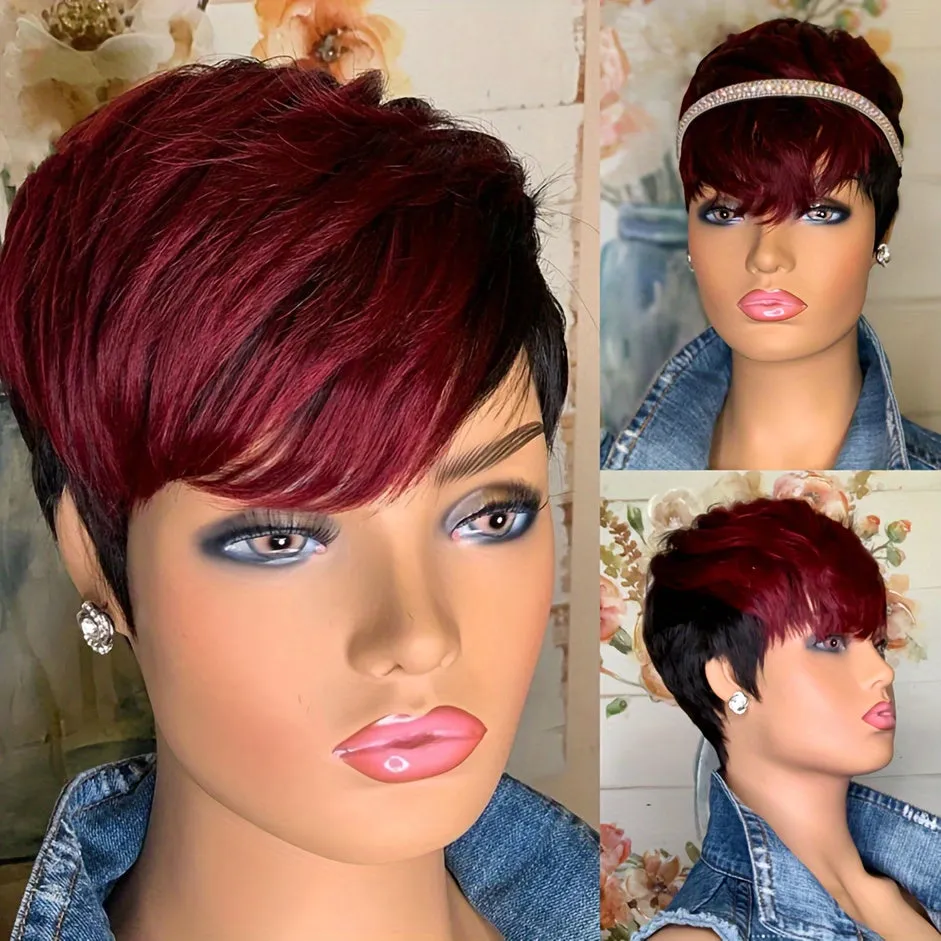 100% Density Short Straight Pixie Cut Ombre Black Brown Highlight Bob Wig with Bangs - Premium Rose Net Cap, Natural Looking, Soft to Touch, Basics Style for African Women