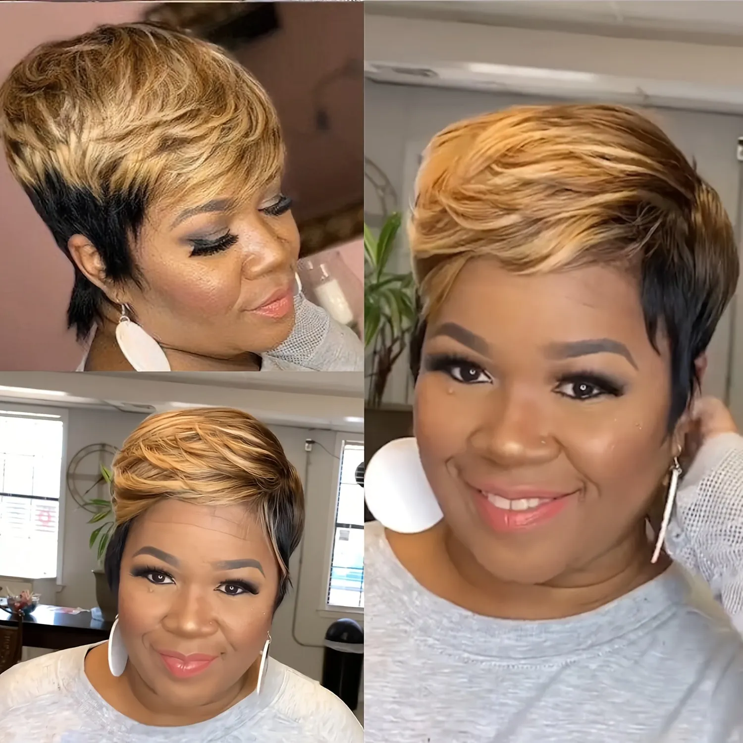 100% Density Short Straight Pixie Cut Ombre Black Brown Highlight Bob Wig with Bangs - Premium Rose Net Cap, Natural Looking, Soft to Touch, Basics Style for African Women