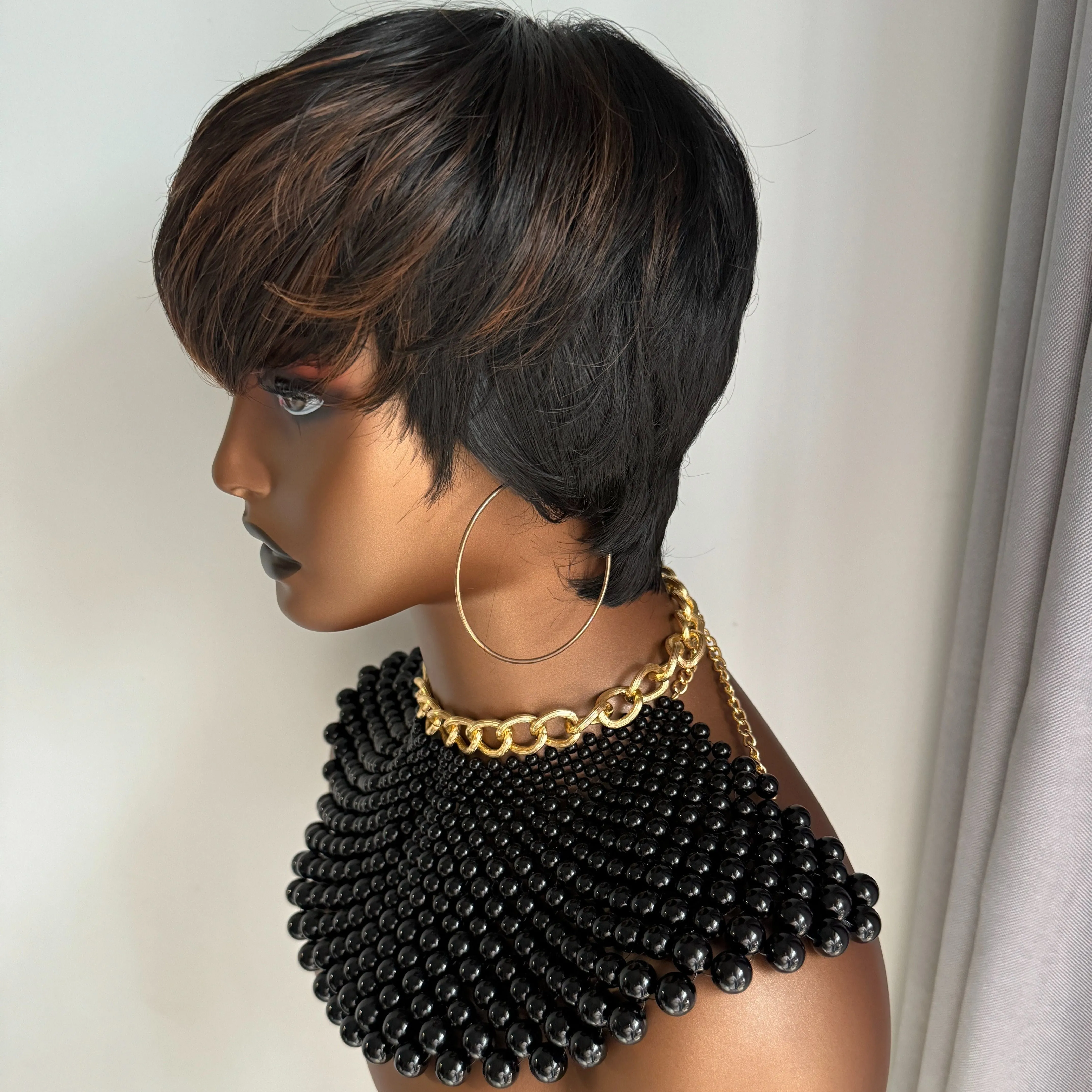 100% Density Short Straight Pixie Cut Ombre Black Brown Highlight Bob Wig with Bangs - Premium Rose Net Cap, Natural Looking, Soft to Touch, Basics Style for African Women