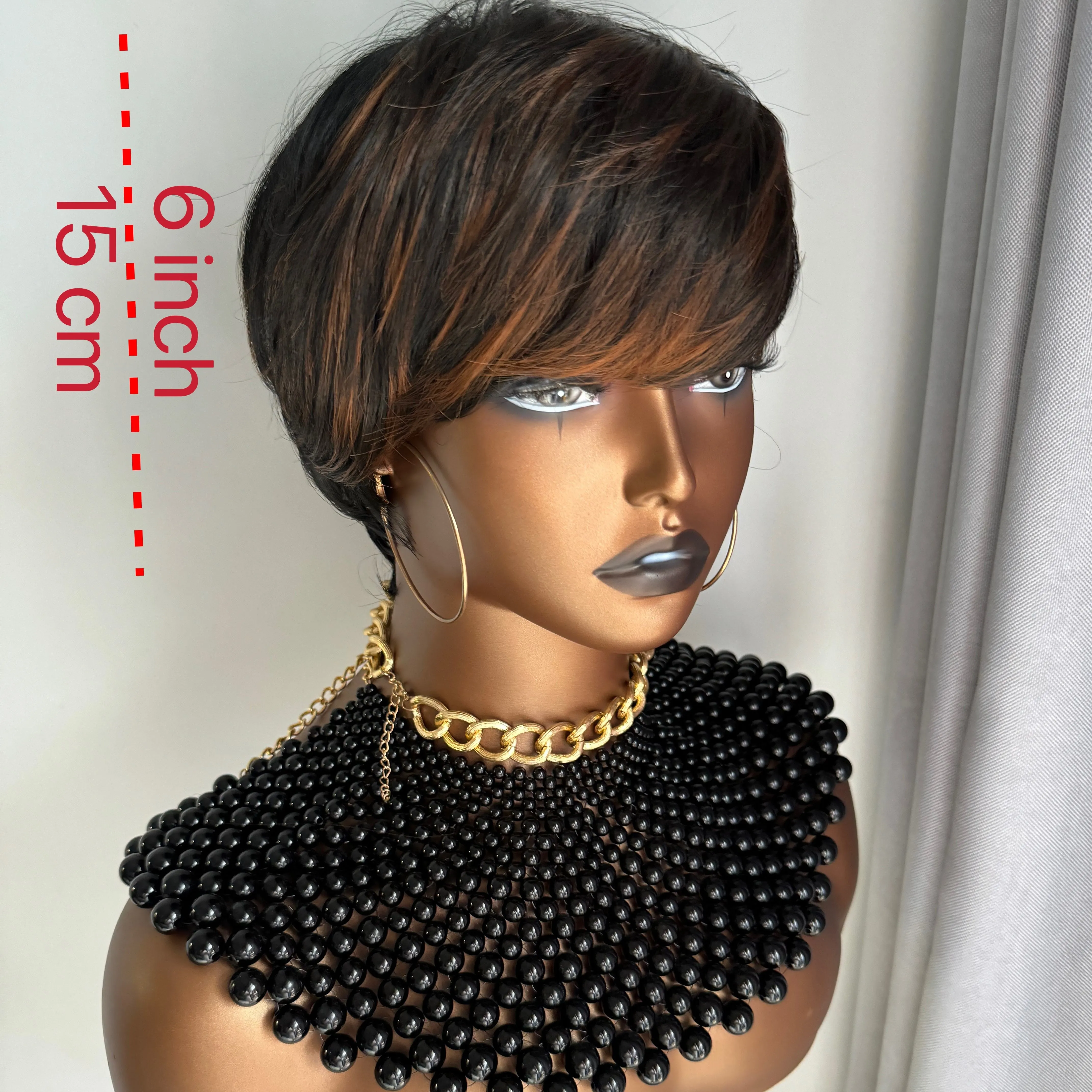 100% Density Short Straight Pixie Cut Ombre Black Brown Highlight Bob Wig with Bangs - Premium Rose Net Cap, Natural Looking, Soft to Touch, Basics Style for African Women