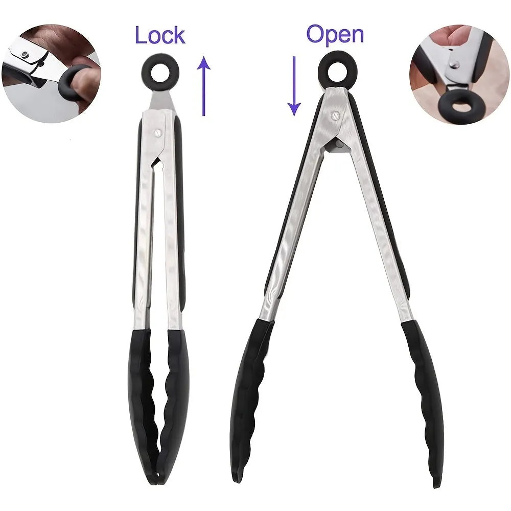 1/3pcs Kitchen Tongs With Silicone Tips, Stainless Steel BBQ Cooking Grilling Locking Food Tongs, 7-Inch, 9-Inch & 12-Inch
