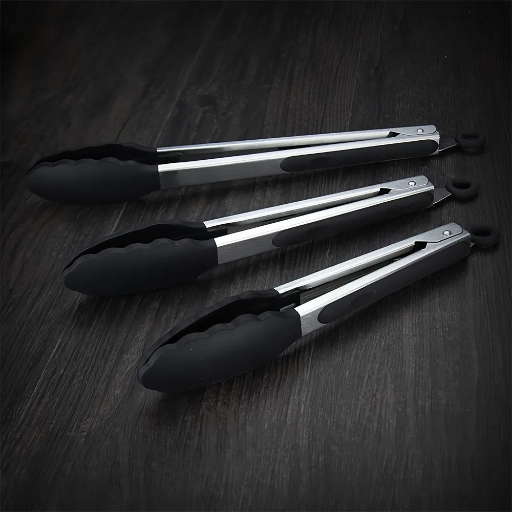 1/3pcs Kitchen Tongs With Silicone Tips, Stainless Steel BBQ Cooking Grilling Locking Food Tongs, 7-Inch, 9-Inch & 12-Inch