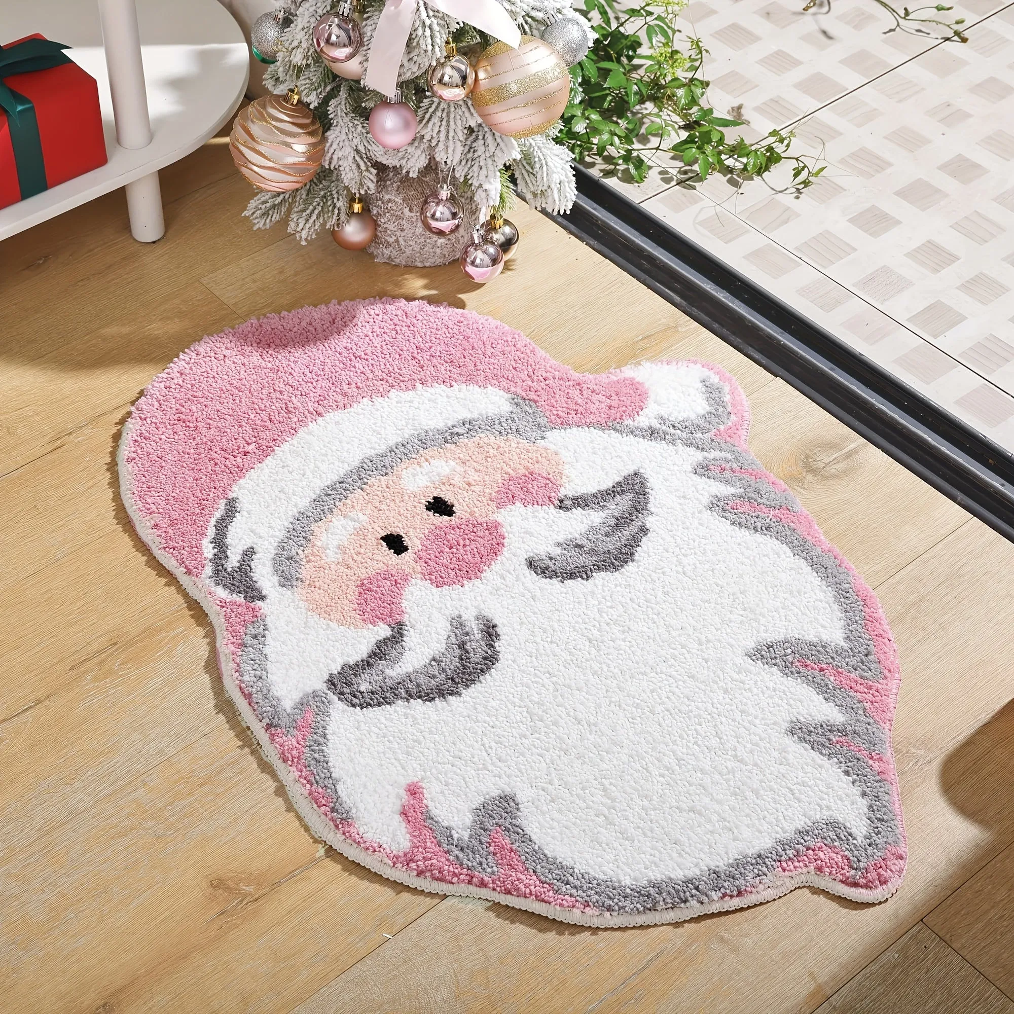 1pc Soft Pink Santa Claus Christmas Bath Mat - Non-Slip, Absorbent, Thick, Durable, Machine Washable, Polyester, Irregular Shape for Home Decor