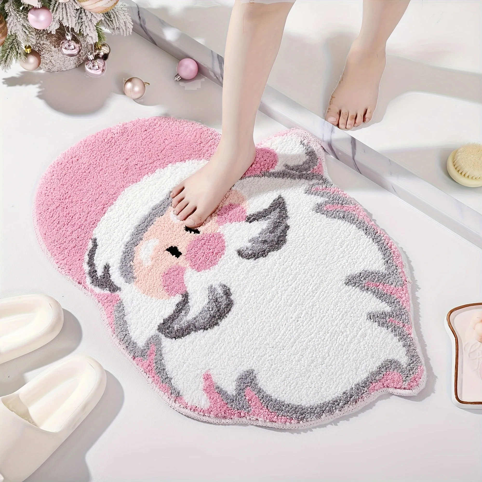 1pc Soft Pink Santa Claus Christmas Bath Mat - Non-Slip, Absorbent, Thick, Durable, Machine Washable, Polyester, Irregular Shape for Home Decor