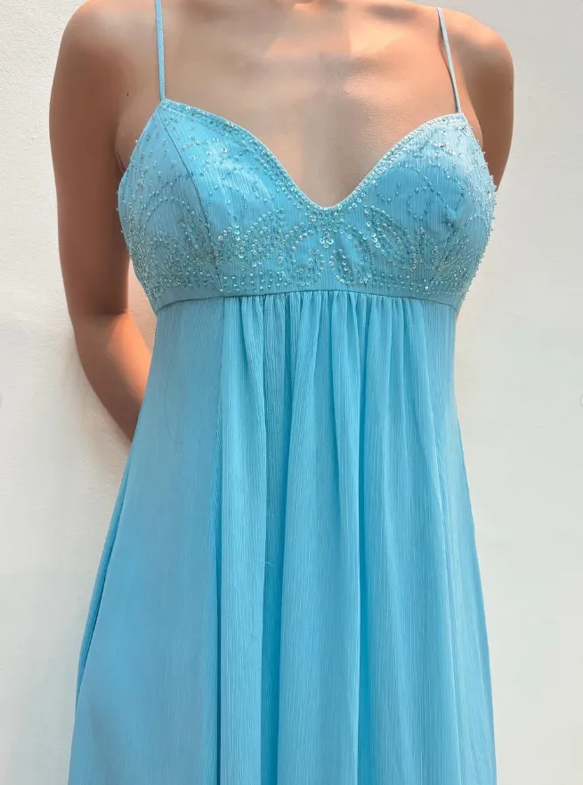 2025 New A Line Spaghetti Strap Beaded Sequin Blue Chiffon Prom Dress Evening Dress SH2224