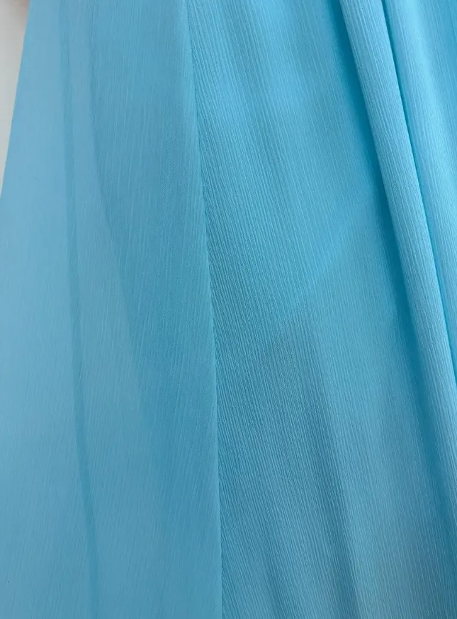 2025 New A Line Spaghetti Strap Beaded Sequin Blue Chiffon Prom Dress Evening Dress SH2224