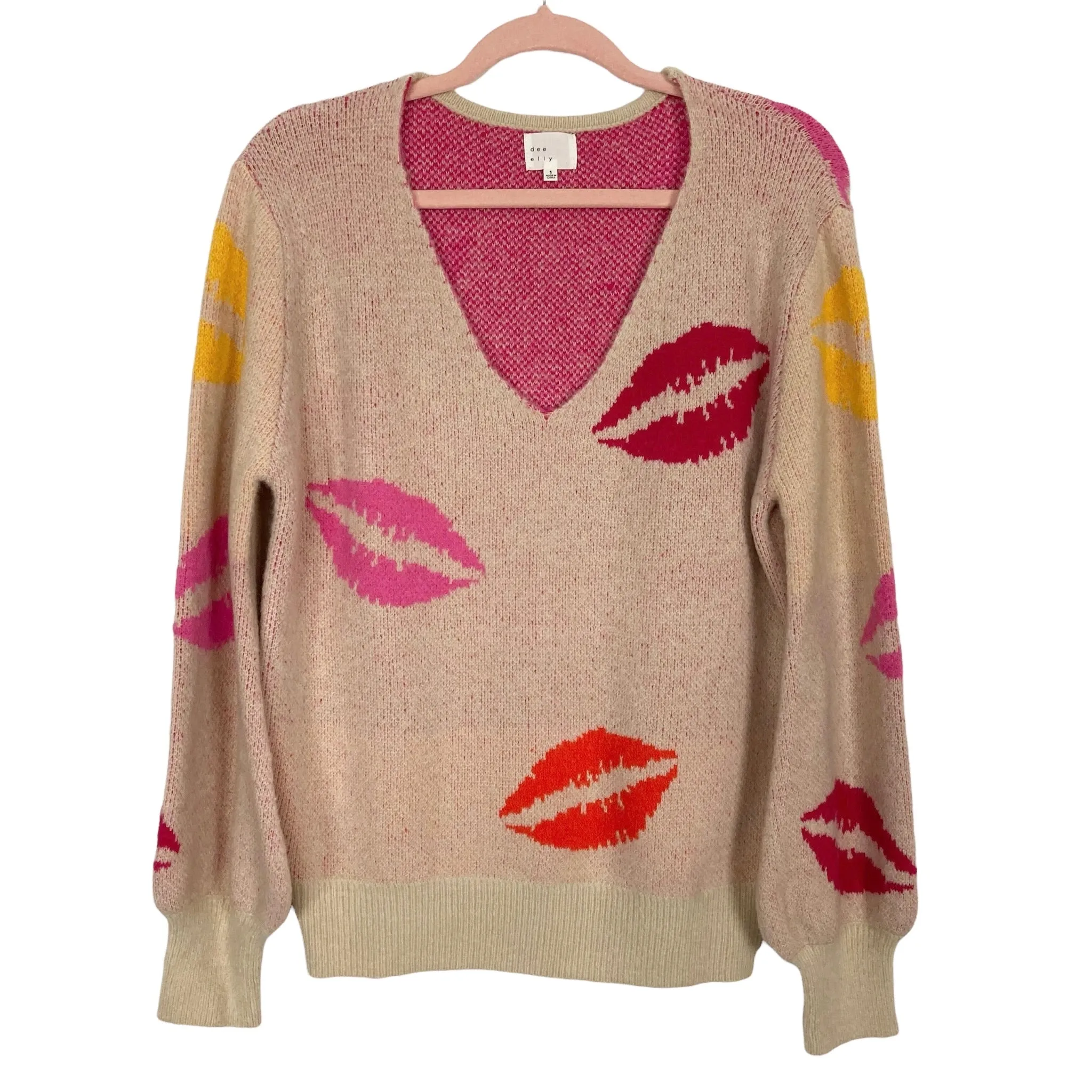 A New Day Lip Print V-Neck Sweater- Size S