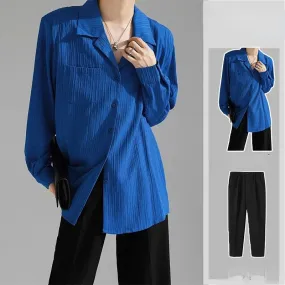 Advbridge - Spring Summer Men Blazer Pants Long Sleeve Solid Color Pleats Jacket Pants Casual Suit Korean Style Slim Two-piece Set V13
