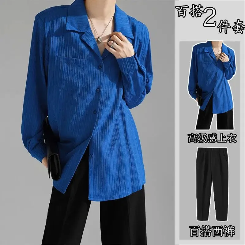 Advbridge - Spring Summer Men Blazer Pants Long Sleeve Solid Color Pleats Jacket Pants Casual Suit Korean Style Slim Two-piece Set V13