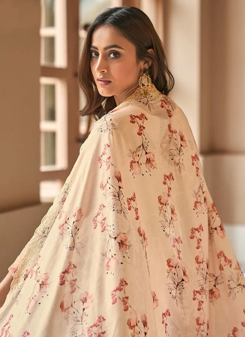 Alluring Cream Color Cotton Fabric Pant Style Salwar Suit Printed Dupatta