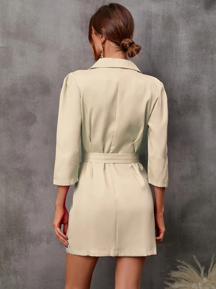 Autumn New European And American Foreign Trade Women's Cross-border Solid Color Button Suit Lace-up Jacket Dress