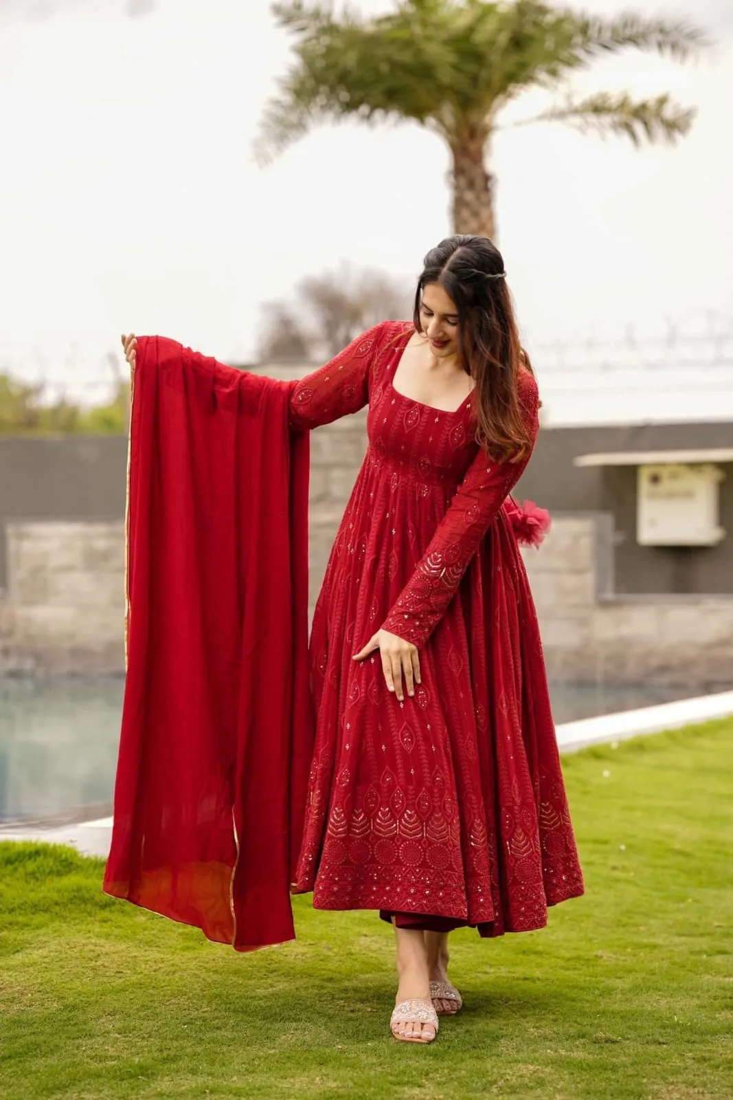 Bestti Red Heavy Designer Western Pair With Dupatta Set