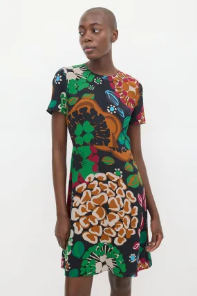 Black & Multicolour Silk Floral Sheath Dress