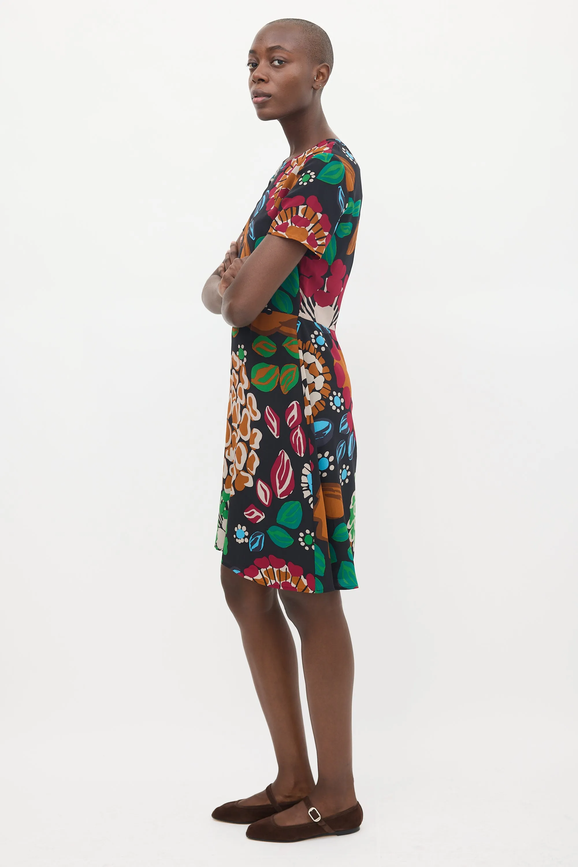Black & Multicolour Silk Floral Sheath Dress