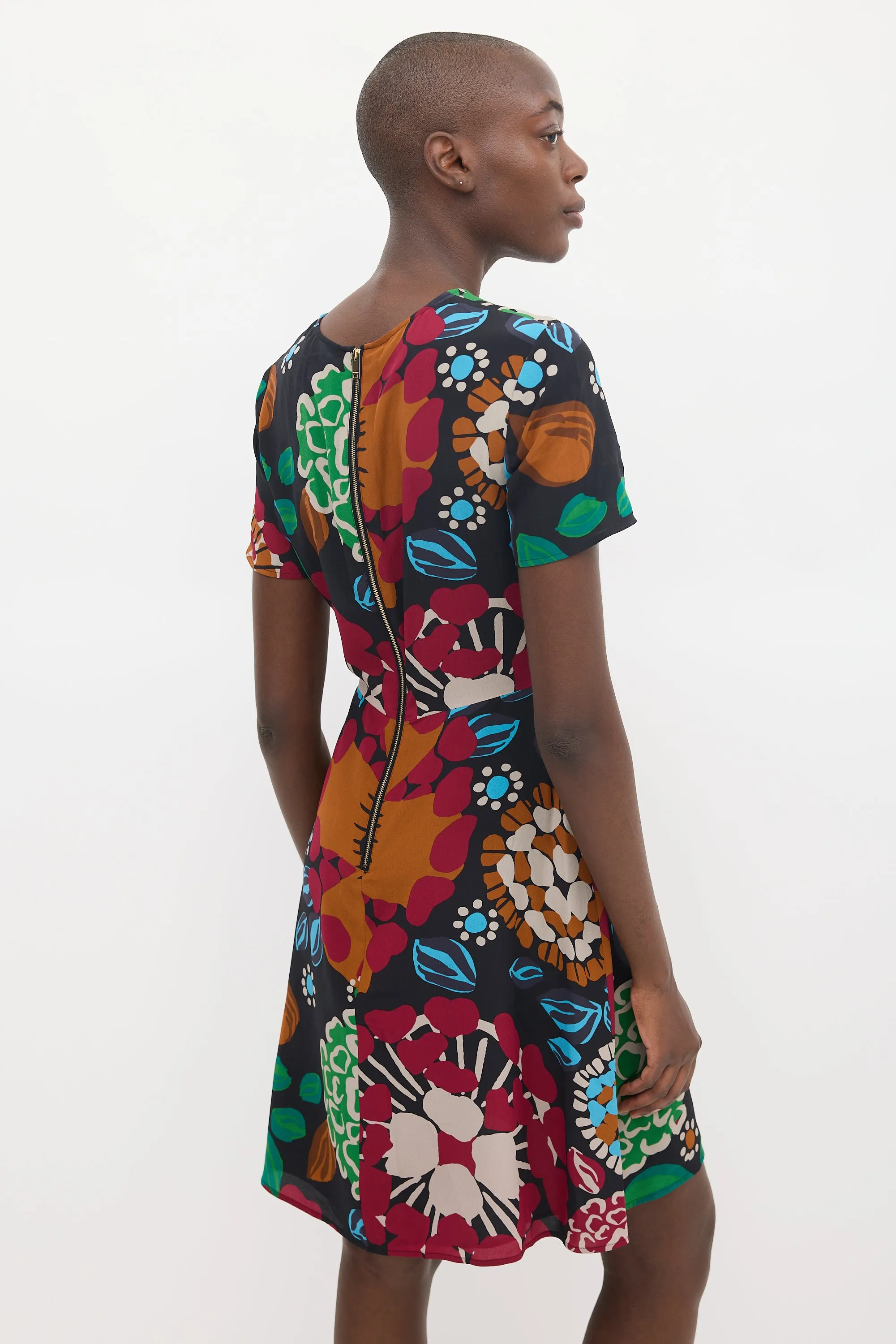 Black & Multicolour Silk Floral Sheath Dress