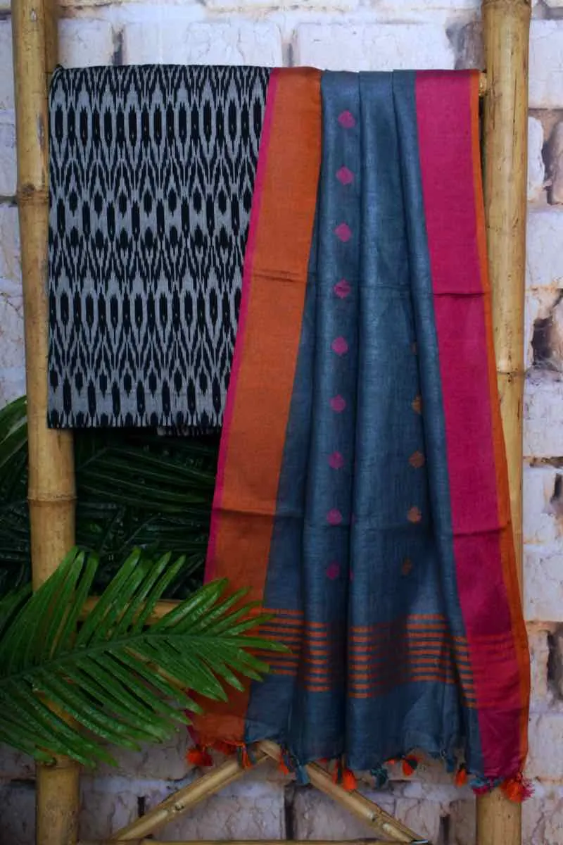 Black Handloom Ikat Two Piece Set with Linen Dupatta