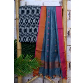Black Handloom Ikat Two Piece Set with Linen Dupatta