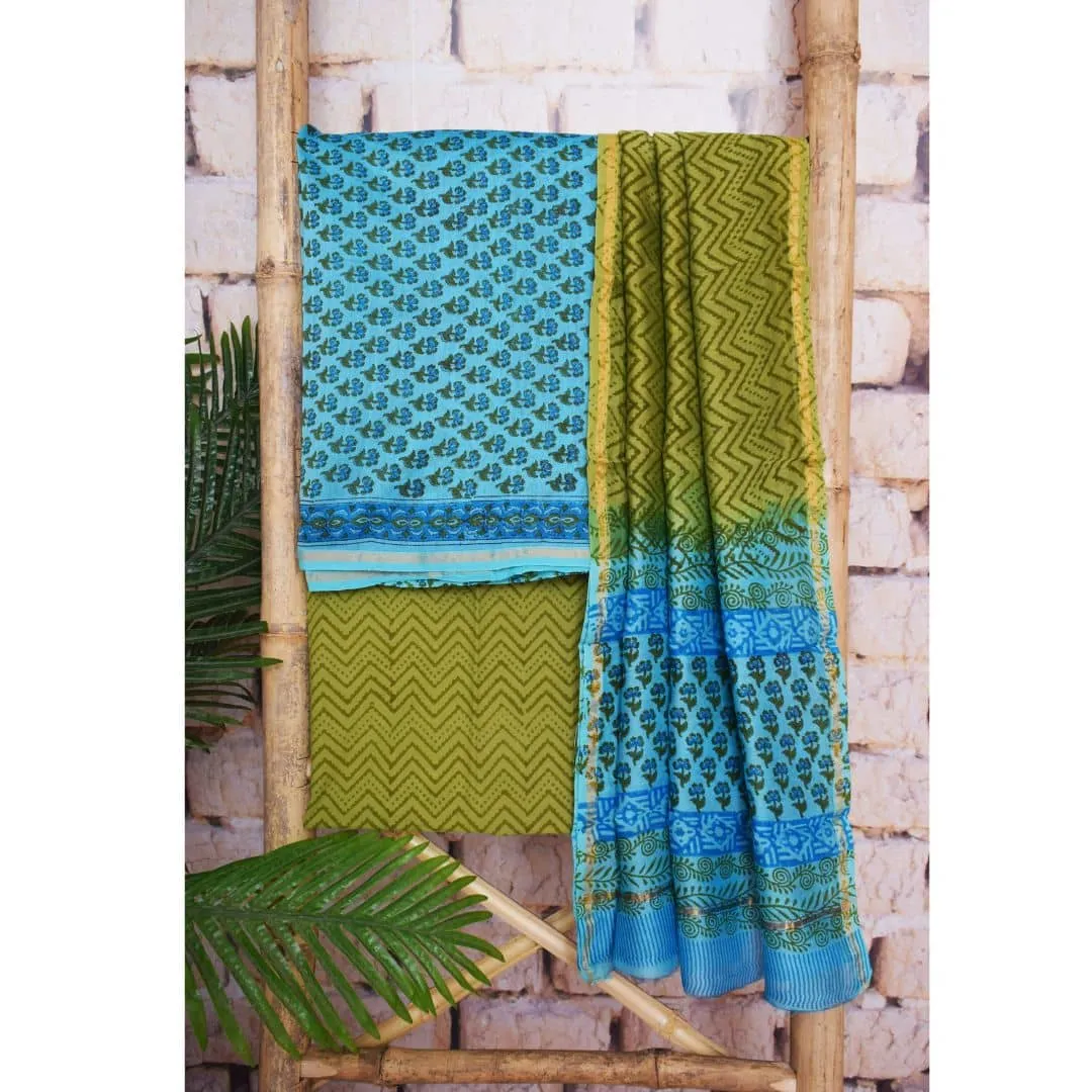 Blue Chanderi Silk Handblock Print Unstitched Suit