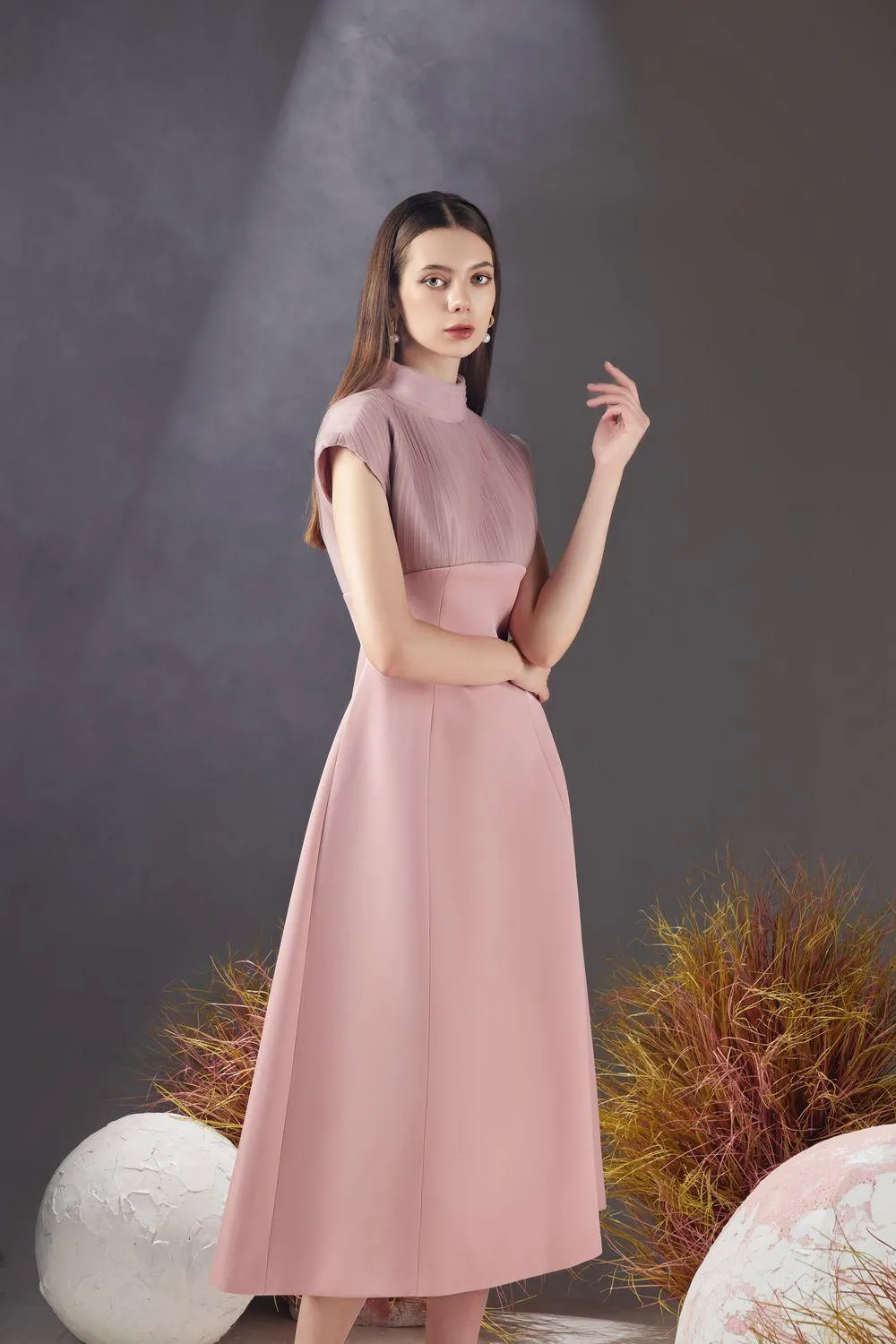 Butler A-line Pleated Chest Taffeta Silk Midi Dress