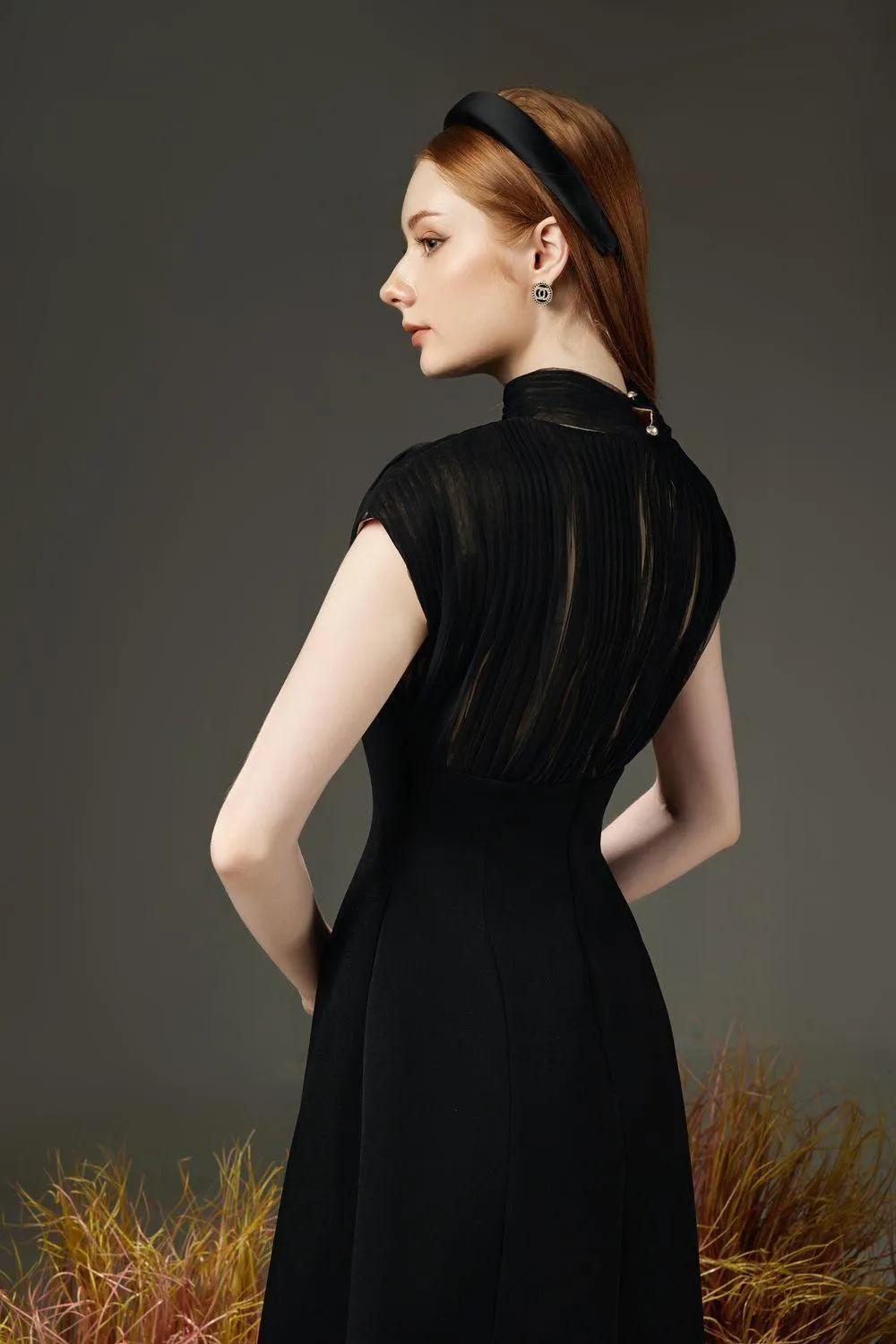 Butler A-line Pleated Chest Taffeta Silk Midi Dress