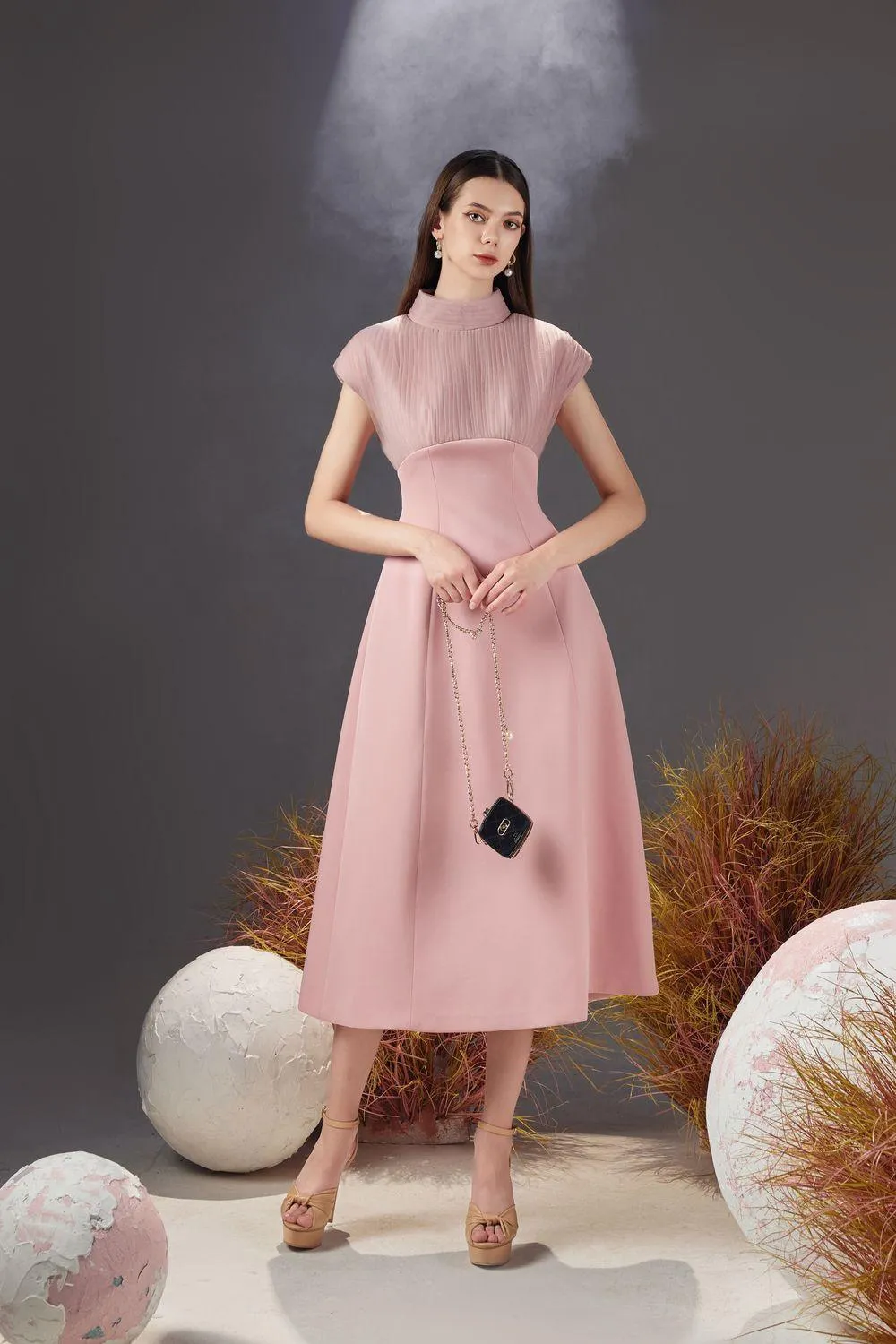 Butler A-line Pleated Chest Taffeta Silk Midi Dress