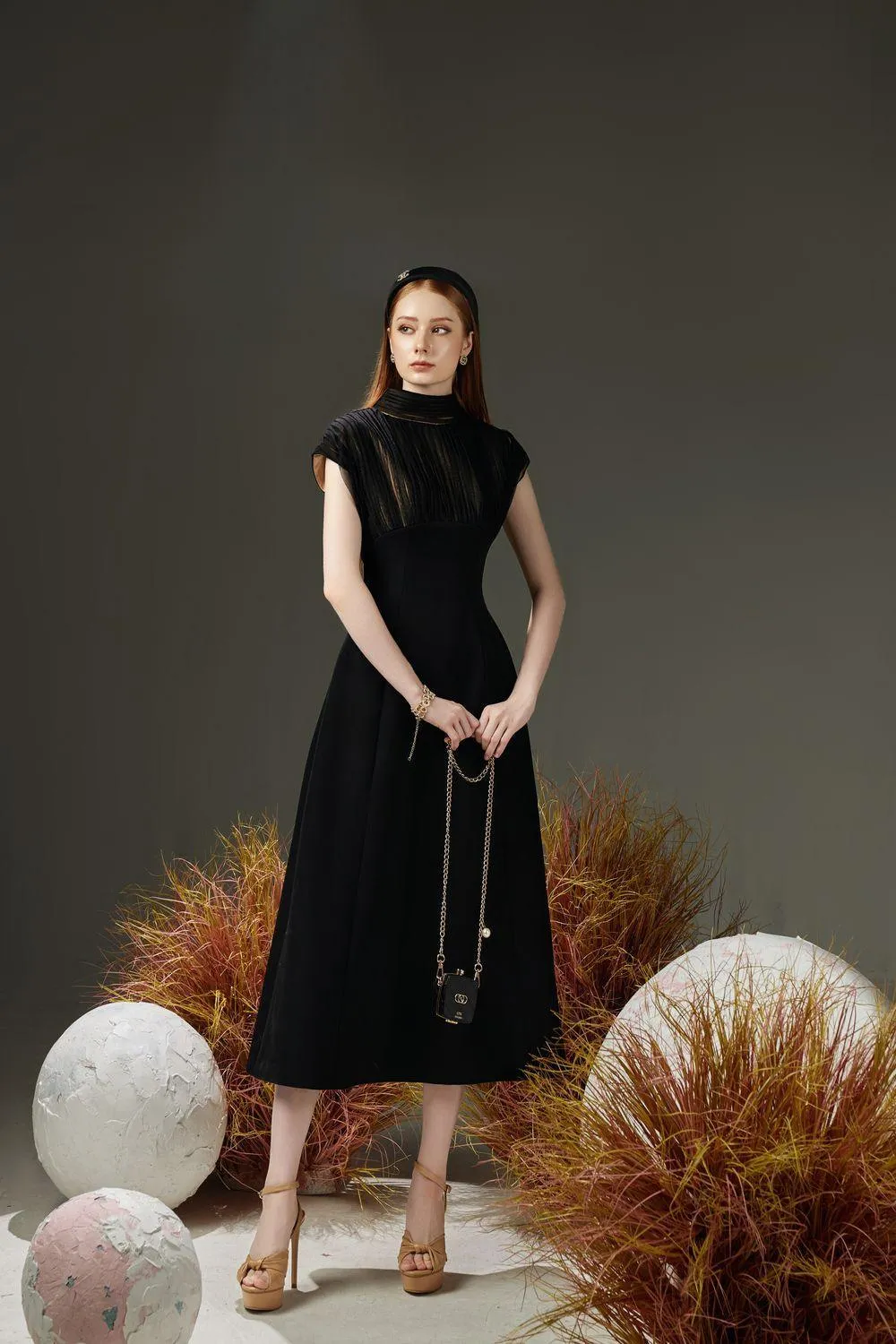 Butler A-line Pleated Chest Taffeta Silk Midi Dress