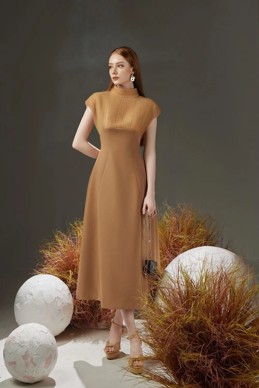 Butler A-line Pleated Chest Taffeta Silk Midi Dress