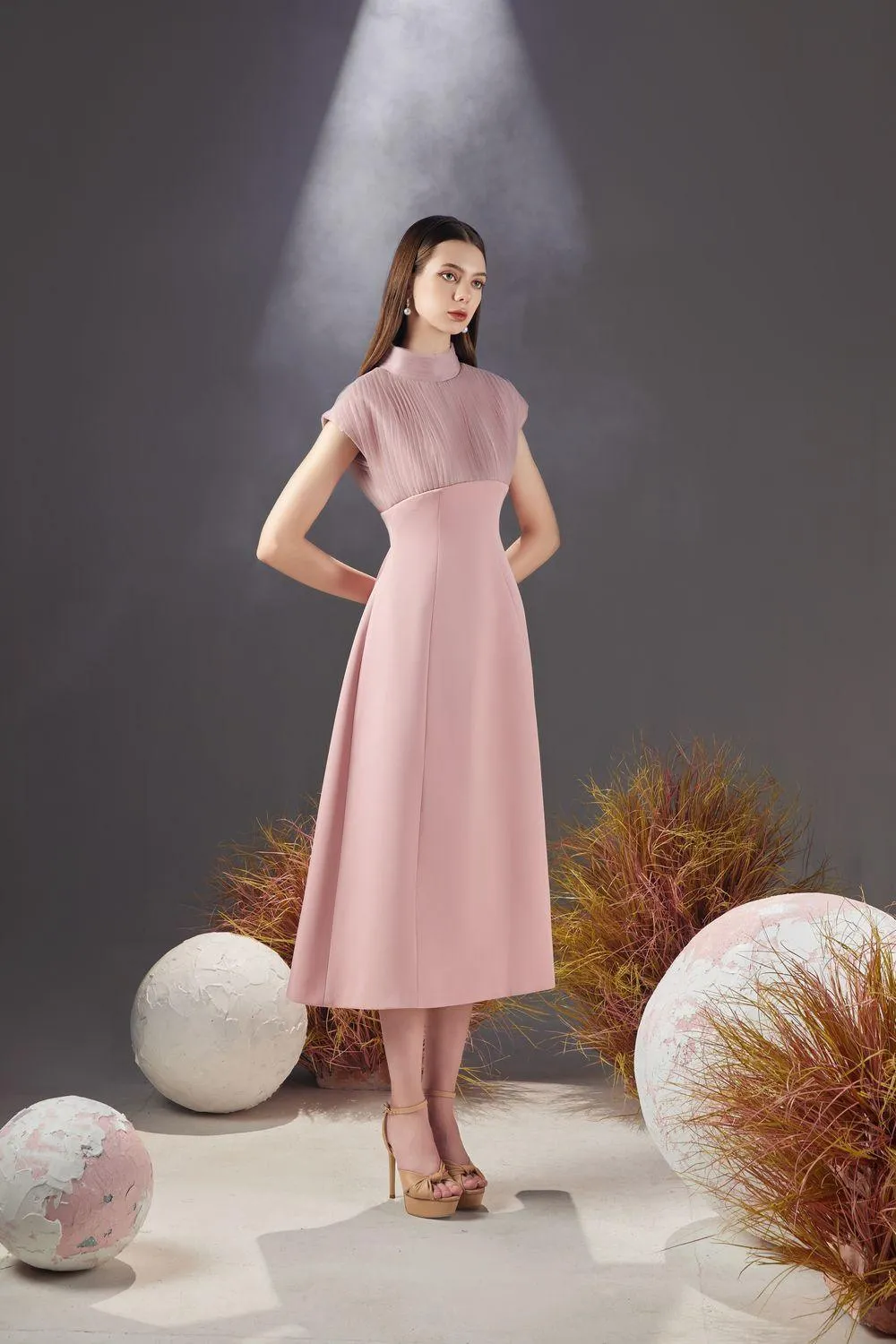 Butler A-line Pleated Chest Taffeta Silk Midi Dress