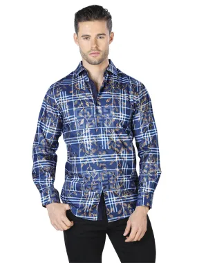 Camisa Casual Manga Larga Estampada Azul/Oro para Hombre 'El Señor de los Cielos' - ID: 44020