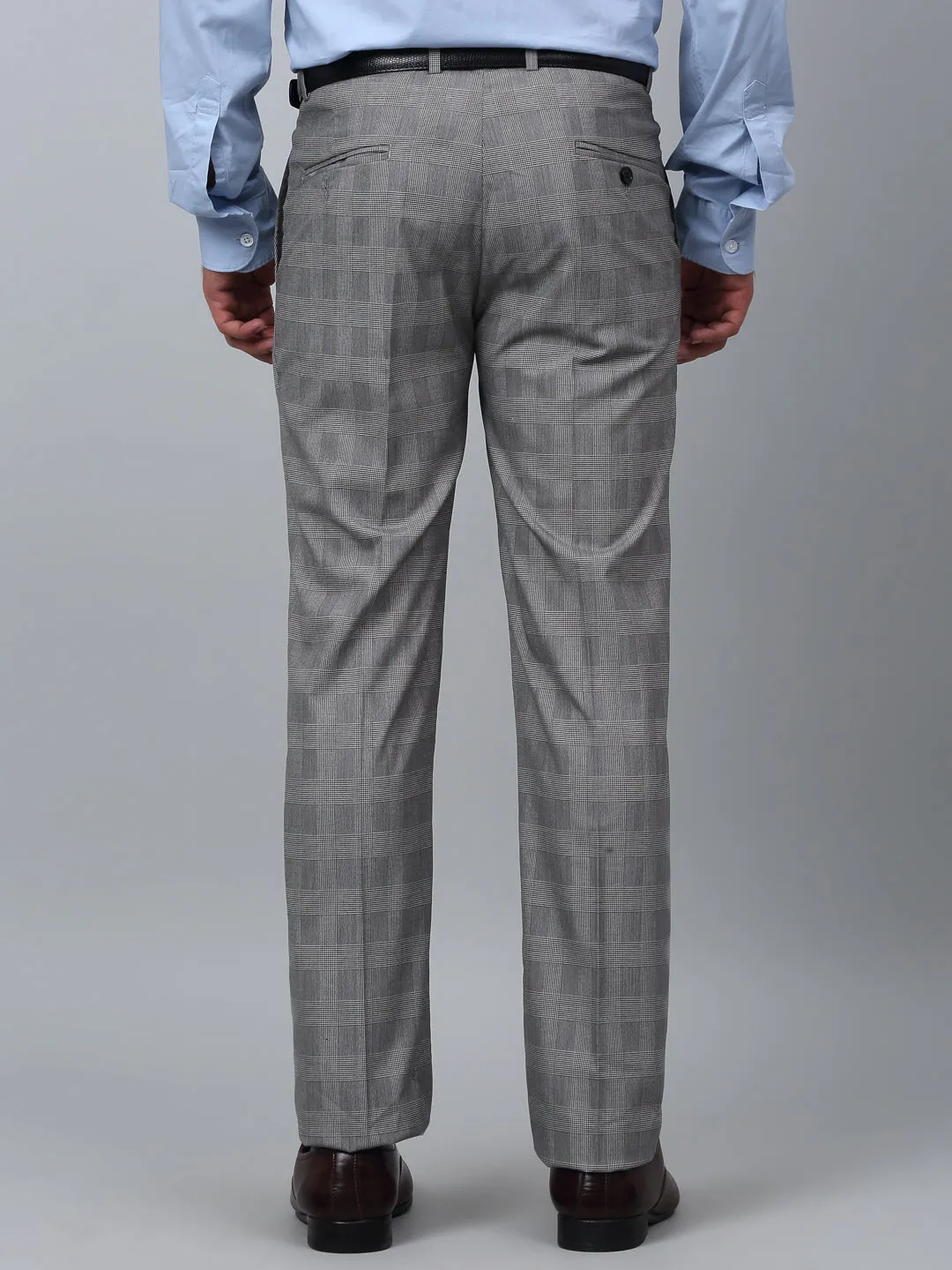 Cantabil Checkered Non Pleated Regular Fit Mid Rise Grey Formal Trousers for Men