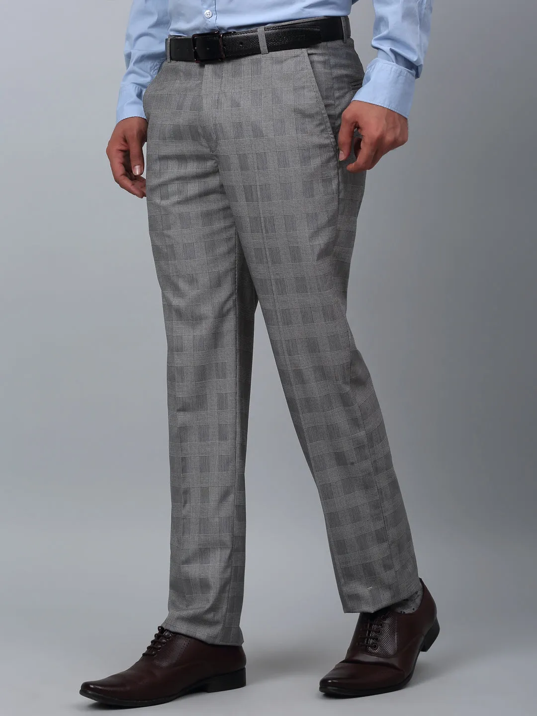 Cantabil Checkered Non Pleated Regular Fit Mid Rise Grey Formal Trousers for Men