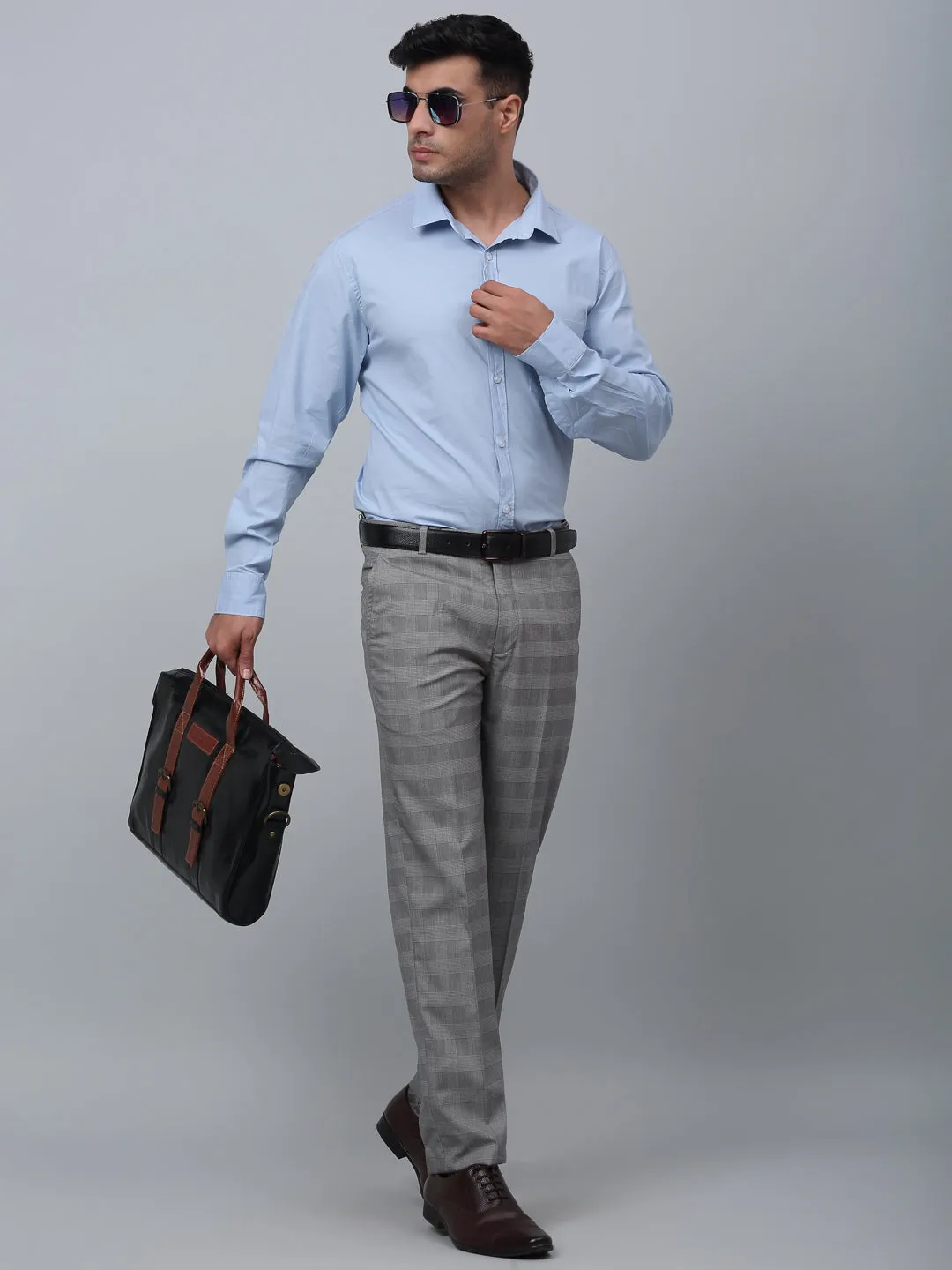 Cantabil Checkered Non Pleated Regular Fit Mid Rise Grey Formal Trousers for Men
