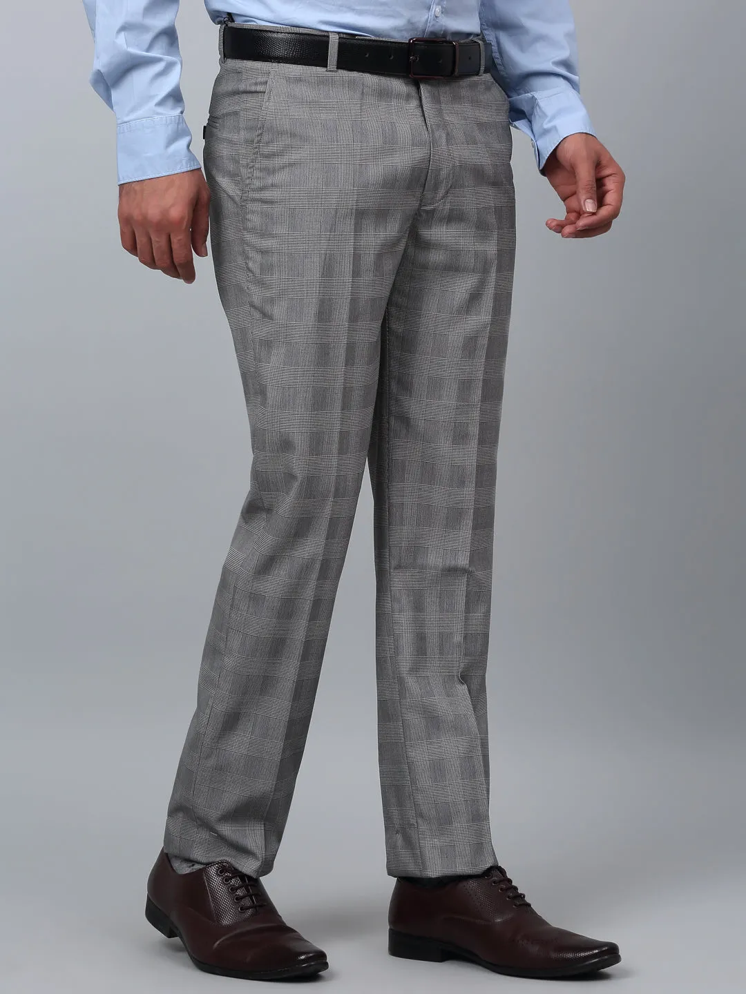 Cantabil Checkered Non Pleated Regular Fit Mid Rise Grey Formal Trousers for Men