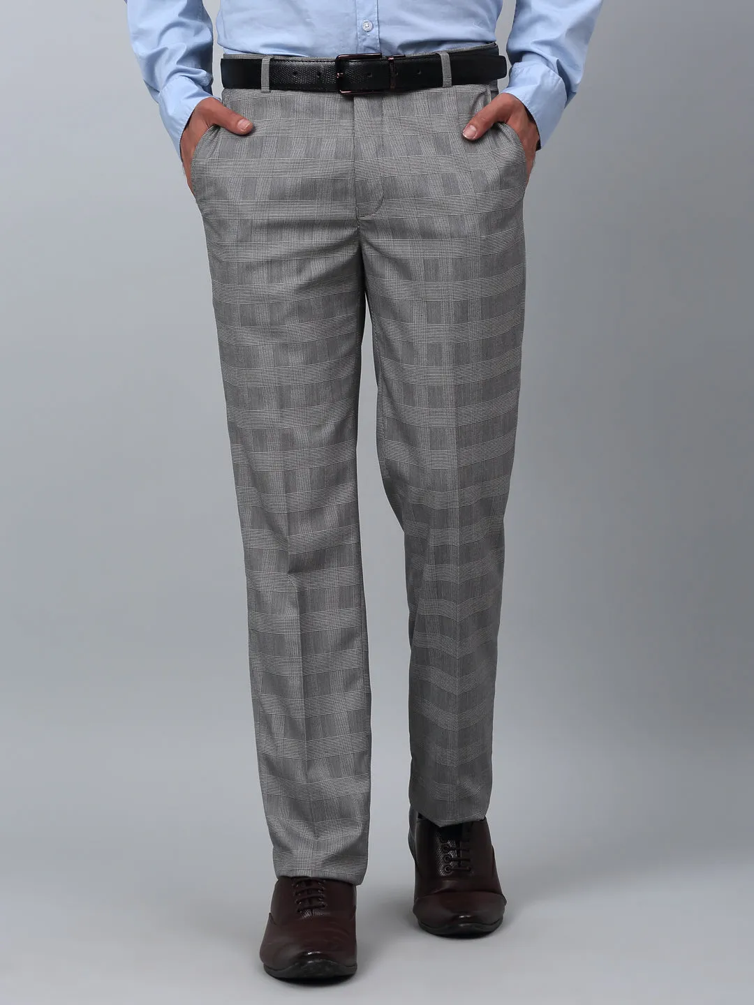 Cantabil Checkered Non Pleated Regular Fit Mid Rise Grey Formal Trousers for Men