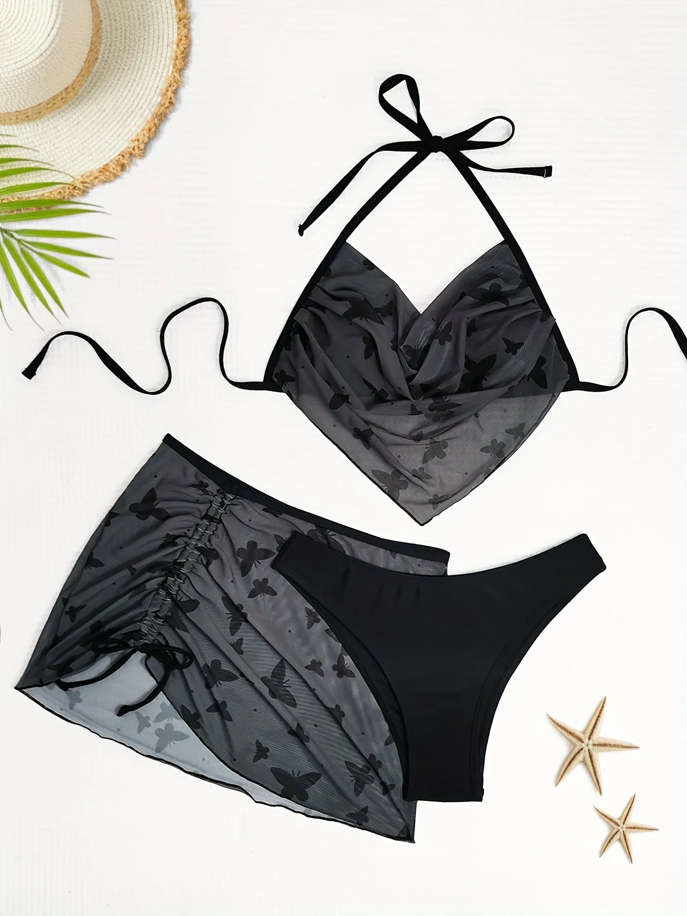 Charming Butterfly Print Halter Bikini Set - Flirty Hanky Hem, High Cut & Cover-Up Skirt Swimsuit Ensemble for Fashion-Forward Women