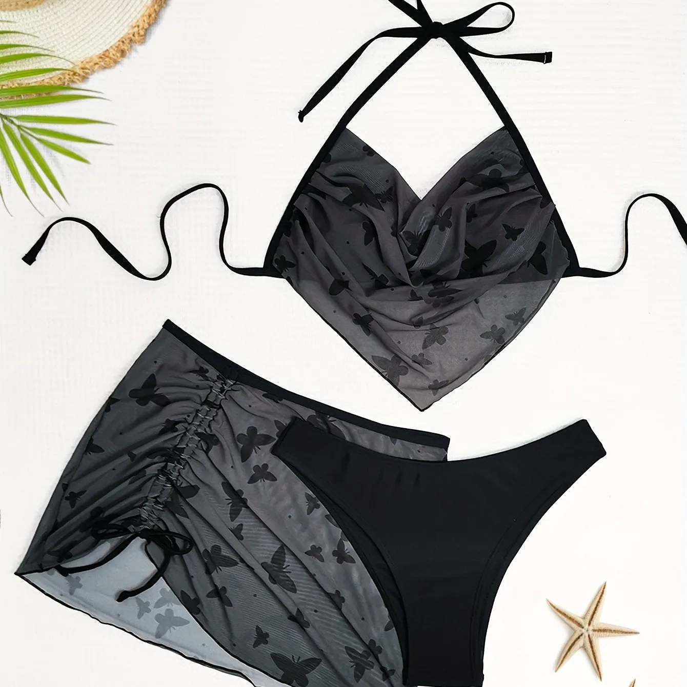 Charming Butterfly Print Halter Bikini Set - Flirty Hanky Hem, High Cut & Cover-Up Skirt Swimsuit Ensemble for Fashion-Forward Women