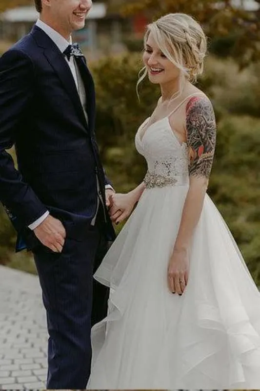 Charming Lace Ruffles Tulle Puffy Spaghetti Strap Beach Wedding Dress