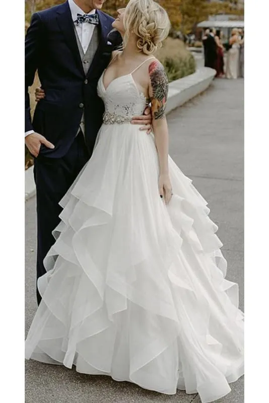 Charming Lace Ruffles Tulle Puffy Spaghetti Strap Beach Wedding Dress
