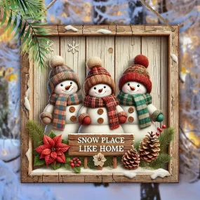 Charming Snowman Wooden Hanging Sign - 8x8 Inch Square Christmas Decor for Door, Wall, Hallway & Balcony | Vintage Style Home Accent
