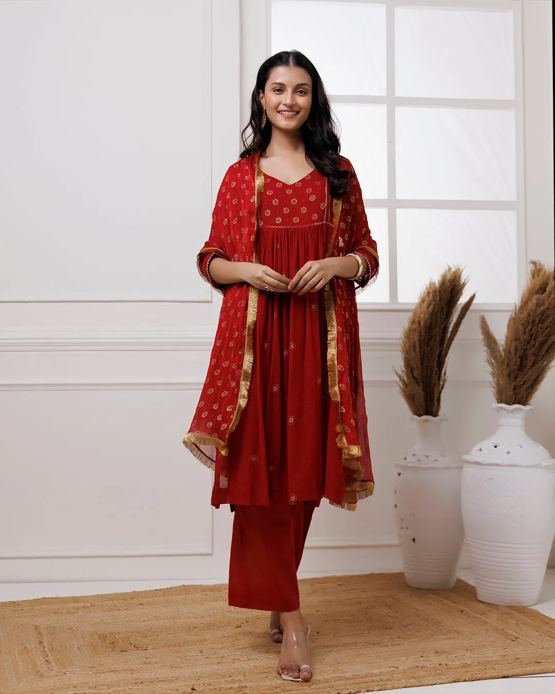 Cherry Red Rogan Print Suit  Set