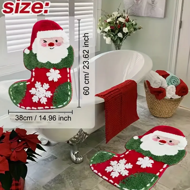 Christmas Bath Mat Set of Soft Microfiber, Non-Slip, Absorbent, Knit Fabric Santa Claus Design for Bedroom and Bathroom - 1000gsm