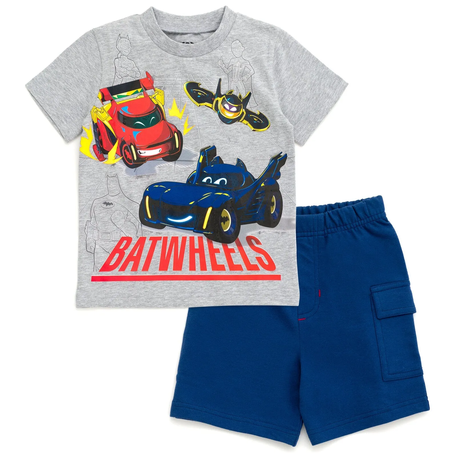 DC Comics Batwheels Bam the Batmobile Batwing Redbird T-Shirt and French Terry Cargo Shorts Outfit Toddler to Little kid
