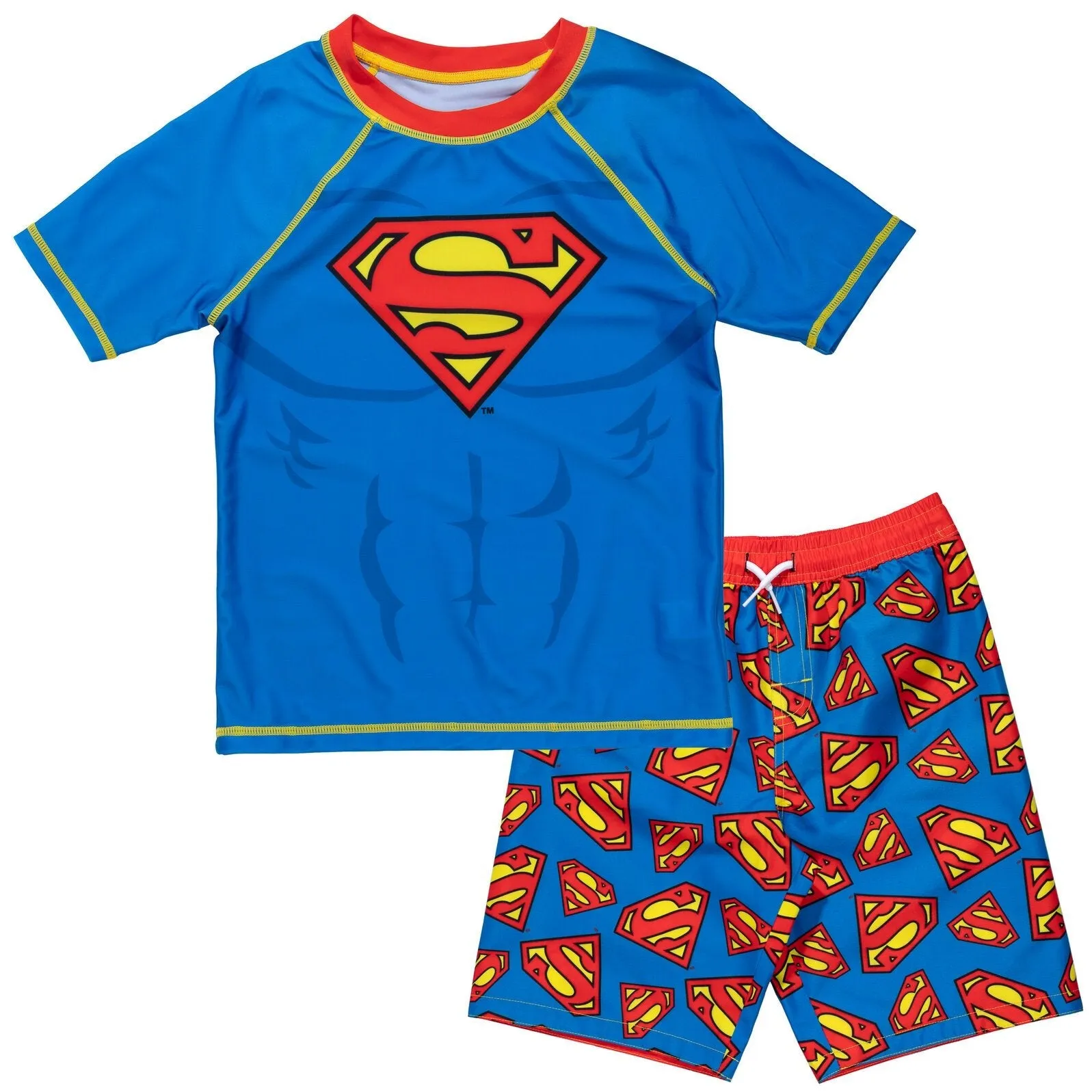 DC Comics Justice League Superman UPF 50  Rash Guard Swim Trunks Outfit Set