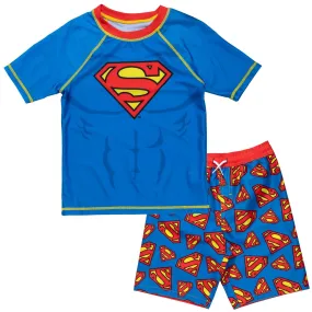 DC Comics Justice League Superman UPF 50  Rash Guard Swim Trunks Outfit Set