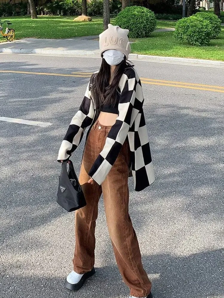 deanwangkt European And American Retro Brown Jeans Women's Spring And Autumn High-waisted Straight-leg Loose And Thin Wide-leg Pants