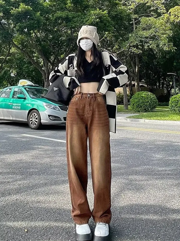 deanwangkt European And American Retro Brown Jeans Women's Spring And Autumn High-waisted Straight-leg Loose And Thin Wide-leg Pants